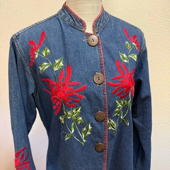 Carrie Allen - Embroidered Denim Jacket with Red Floral Accents - Size Large - Picture 2 of 15